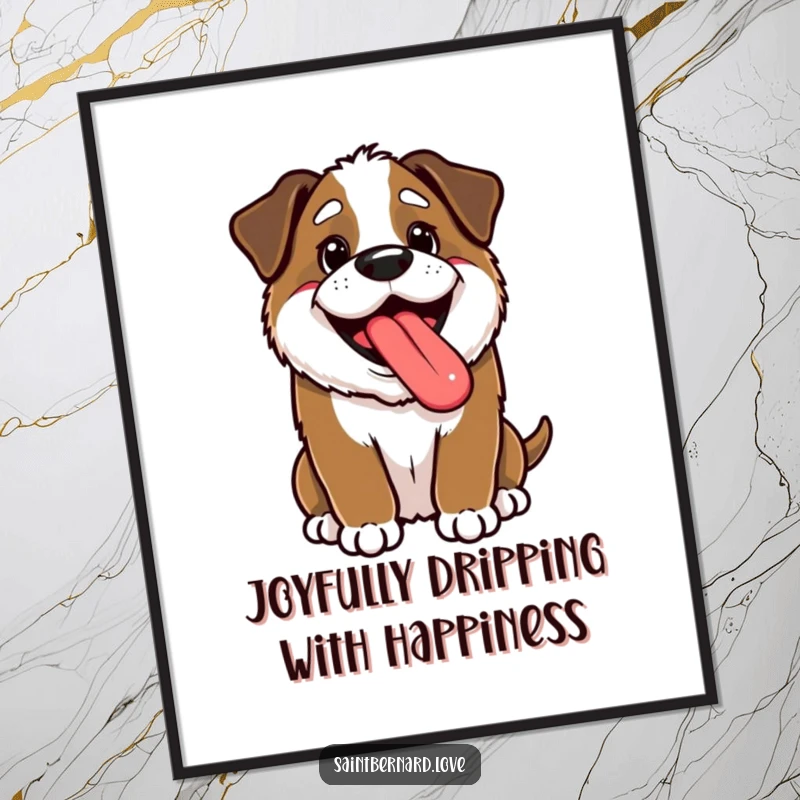 Funny Free Printable Wall Art: Adorable kawaii Saint Bernard with tongue out, panting happily, a humorous and downloadable art piece.