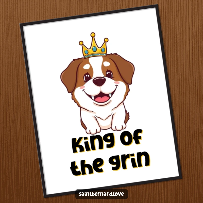 Funny Free Printable Wall Art showcasing a Saint Bernard dog with a huge grin, majestically wearing a small, charming crown.