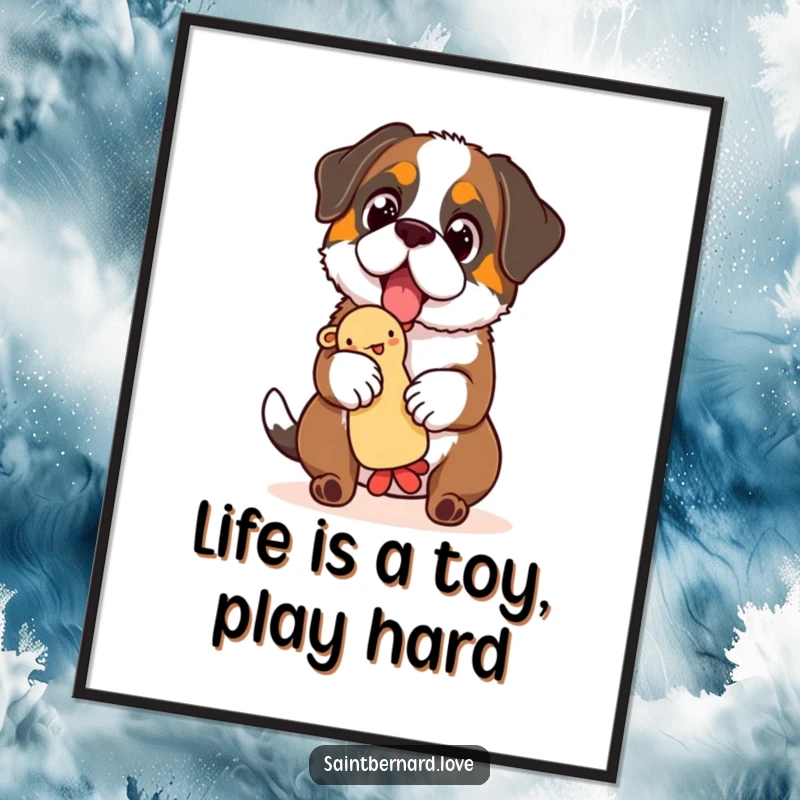 Funny Free Printable Wall Art: A Saint Bernard with sparkling eyes expertly balances a squeaky toy, adding a touch of playful charm.