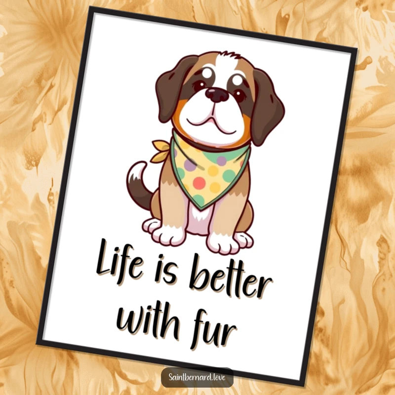 Funny Free Printable Wall Art: A kawaii Saint Bernard with a colorful bandana, its tail a blur of happy motion.