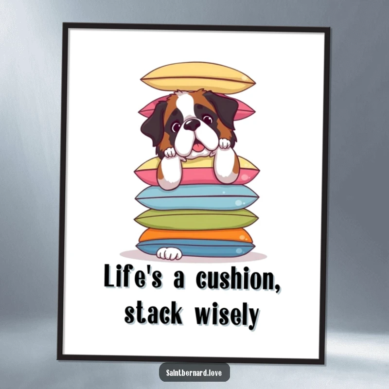 Funny Free Printable Wall Art: Saint Bernard balances a stack of colorful cushions precariously, a comical piece of downloadable art.