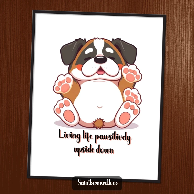 Funny Free Printable Wall Art: Adorable Kawaii Saint Bernard caught mid-roll, paws flailing, radiating pure, unadulterated joy.