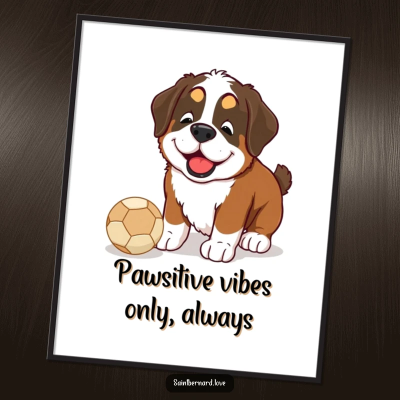 Funny Free Printable Wall Art: Saint Bernard joyfully nudging a ball, creating a whimsical and humorous canine scene.