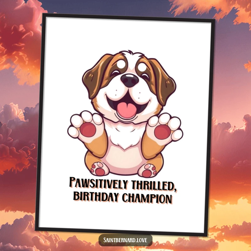 Funny Free Printable Wall Art: Delighted Saint Bernard with paws up in surrender, a humorous and joyful downloadable art piece.