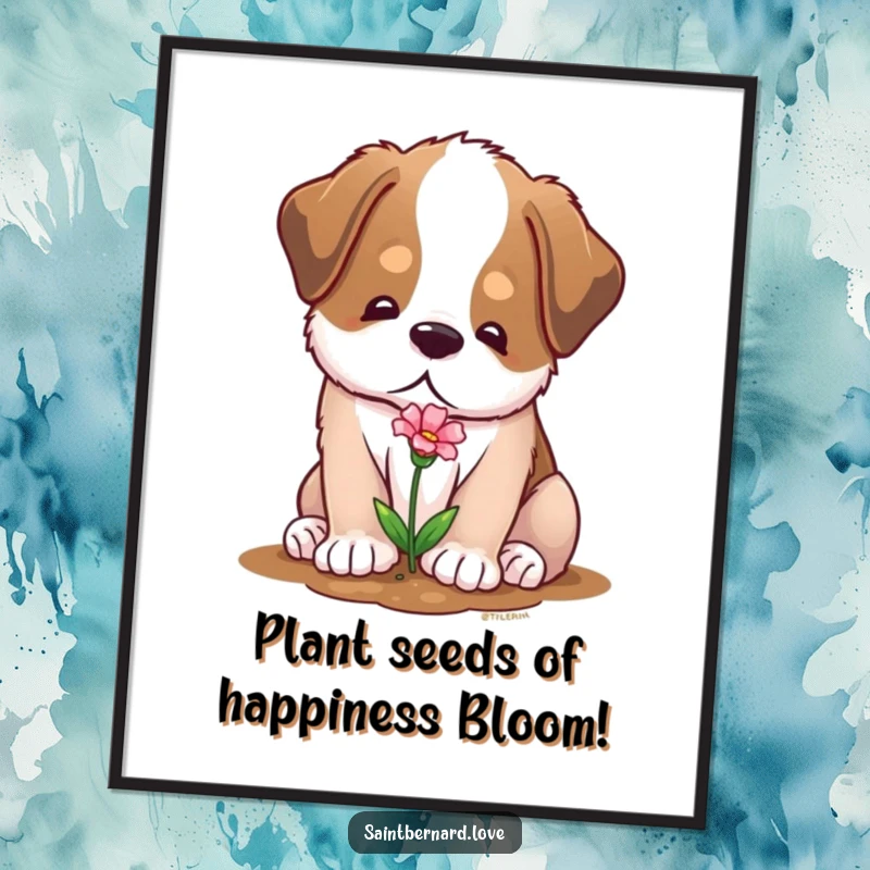 Funny Free Printable Wall Art: A soft Saint Bernard with a gentle expression planting a tiny flower.