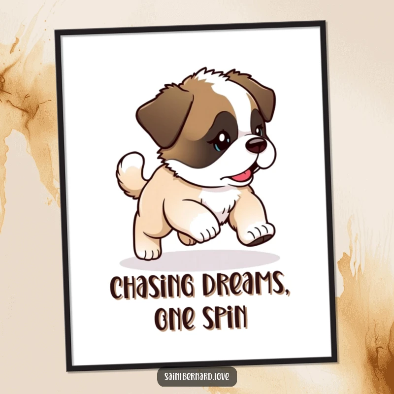 Funny Free Printable Wall Art: Kawaii Saint Bernard puppy playfully chases its tail with boundless energy.