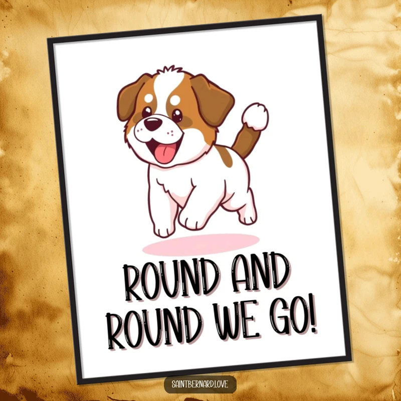Funny Free Printable Wall Art: Cute Kawaii Saint Bernard puppy chasing its tail in a continuous circle, radiating joy, a lovable downloadable piece.