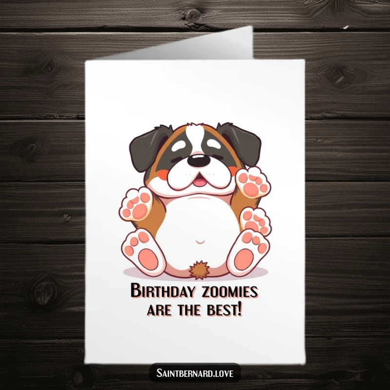 Funny Free Printable Birthday Card: Adorable Kawaii Saint Bernard rolling joyfully with paws up, ready for birthday fun.