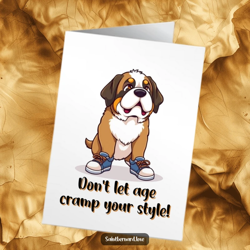 Funny Free Printable Birthday Card: A Saint Bernard with a comical expression struggles comically to wear ridiculously tiny shoes, bringing laughter.