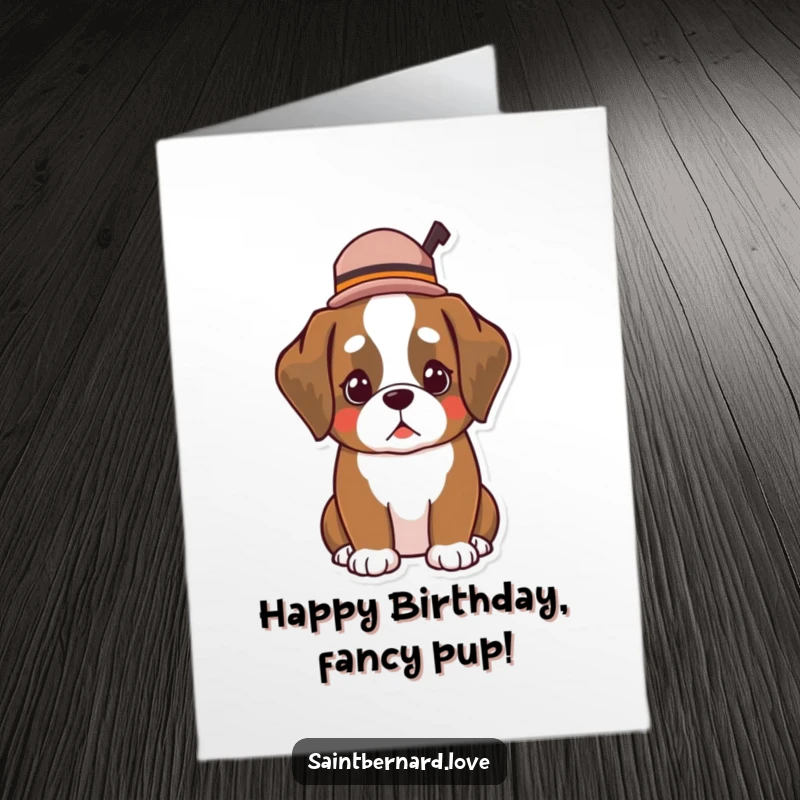 Funny Free Printable Birthday Card: Kawaii Saint Bernard sports a tiny hat tipped jauntily, looking oh-so-stylish.