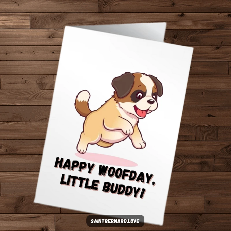 Funny Free Printable Birthday Card: Cute kawaii Saint Bernard puppy chasing its tail in a dizzying circle, a downloadable birthday delight.