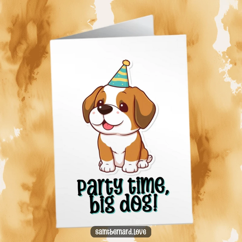 Funny Free Printable Birthday Card: A kawaii Saint Bernard sports a tiny party hat, ready to celebrate.