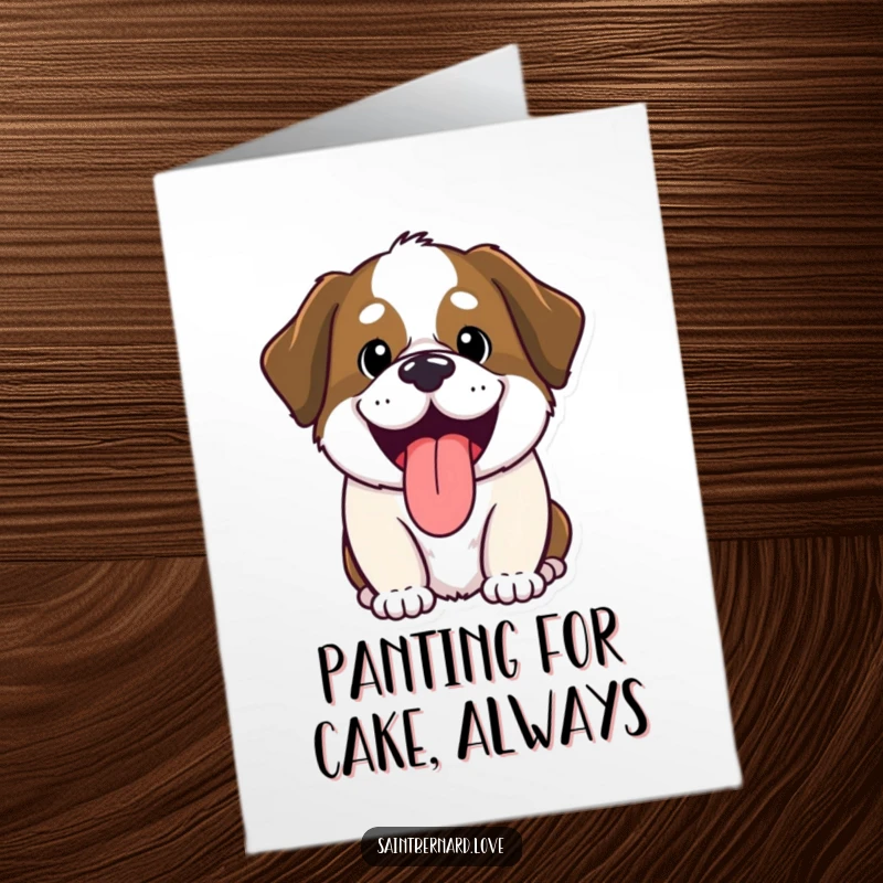 Funny Free Printable Birthday Card: Kawaii Saint Bernard with tongue out, panting joyfully, ready to celebrate.
