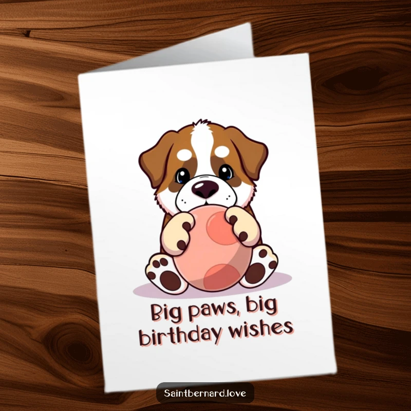 Funny Free Printable Birthday Card: Kawaii Saint Bernard with huge paws, joyfully playing with a giant ball.