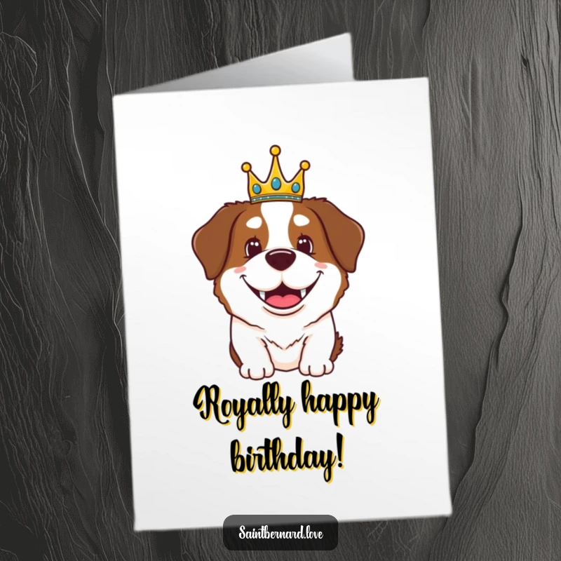 Funny Free Printable Birthday Card featuring a Saint Bernard dog with a wide, happy grin wearing a small, whimsical crown.
