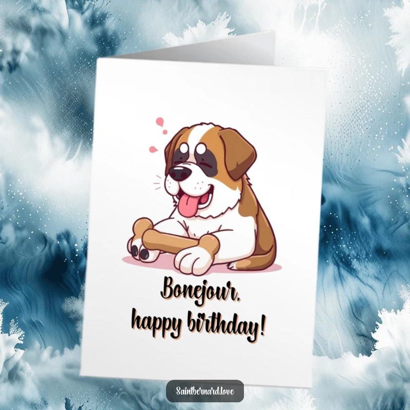 Funny Free Printable Birthday Card: Content Saint Bernard sighs happily while lounging with a bone, celebrating blissfully.