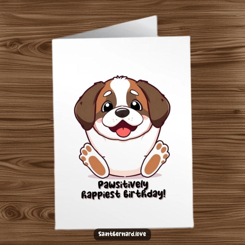 Funny Free Printable Birthday Card: An excited kawaii Saint Bernard with paws stretched upwards, celebrating a birthday.