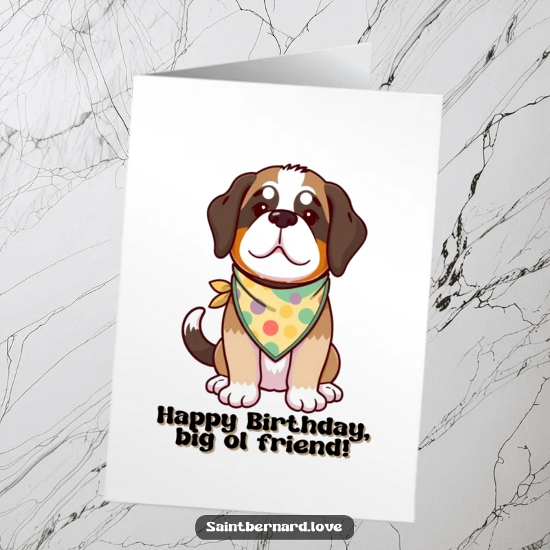 Funny Free Printable Birthday Card: A kawaii Saint Bernard with a colorful bandana is joyfully wagging its tail, ready to celebrate.