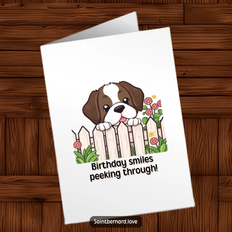 Funny Free Printable Birthday Card: A kawaii Saint Bernard's head peeks curiously over a garden fence, wishing a happy birthday.