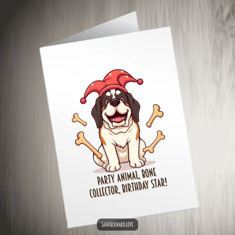 Funny Free Printable Birthday Card: Jester Saint Bernard happily juggling big bones, a comical and joyful downloadable gift.