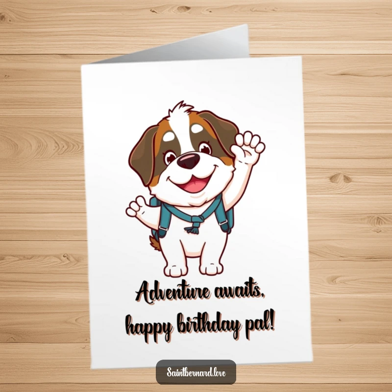 Funny Free Printable Birthday Card: Saint Bernard with goofy smile and backpack waves, a cheerful downloadable greeting.