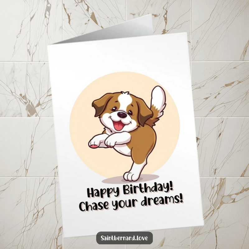 Funny Free Printable Birthday Card: Saint Bernard pup joyfully chasing its tail in a circle.