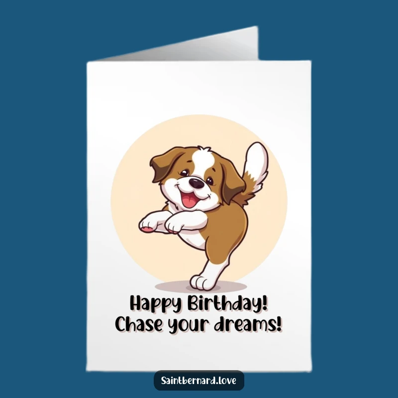 Free Printable Birthday Card: Joyful Saint Bernard Pup Tail Chase, Cute Digital Gift