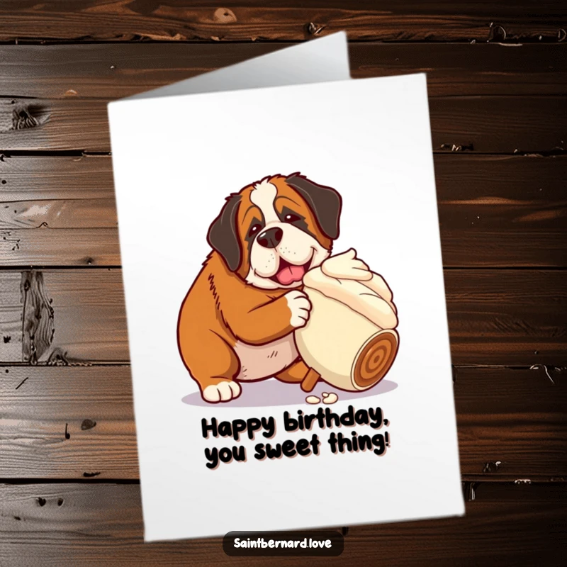Funny free printable birthday card, Saint Bernard nudging an oversized rolling ice cream cone, playful celebration.