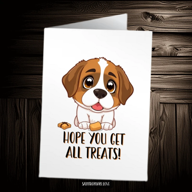 Funny Free Printable Birthday Card: A Saint Bernard dog with wide, hopeful eyes gazing upwards at a tempting dropped treat.