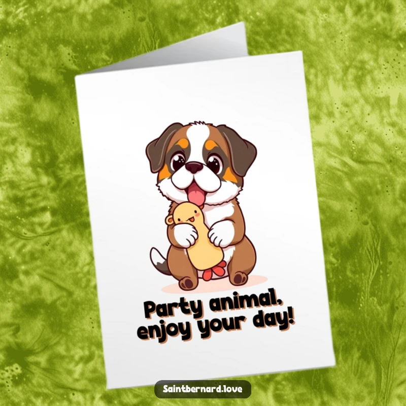 Funny Free Printable Birthday Card: A Saint Bernard sparkles with joy, expertly balancing a squeaky toy, ready for birthday fun.