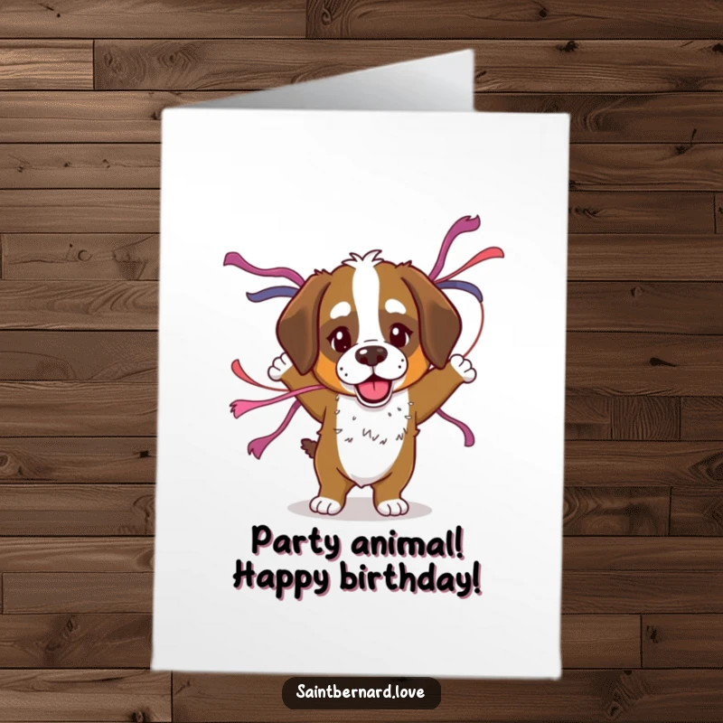 Funny free printable birthday card, Saint Bernard with floppy ears dancing with streamers attached, celebratory mood.