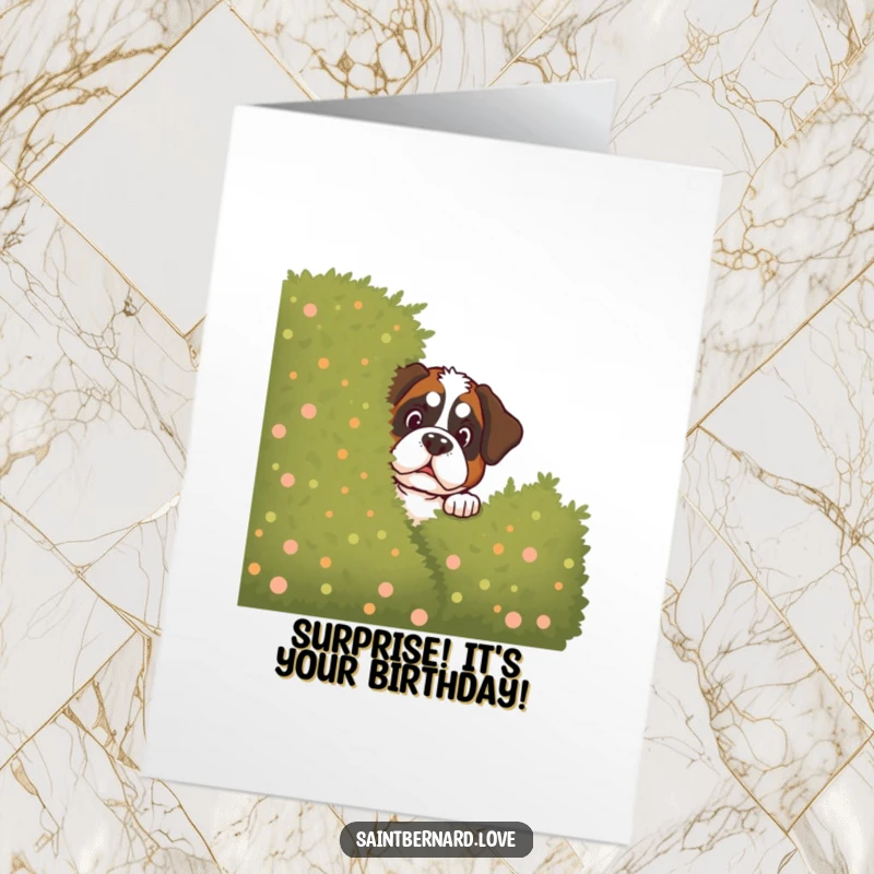 Funny Free Printable Birthday Card: Mischievous Saint Bernard peeks from behind a large bush with a twinkle, planning a surprise.