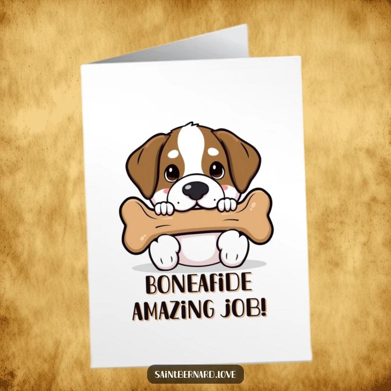 Funny Free Printable Congratulations Card: Adorable Kawaii Saint Bernard peeking with a giant bone, celebrating a big win.