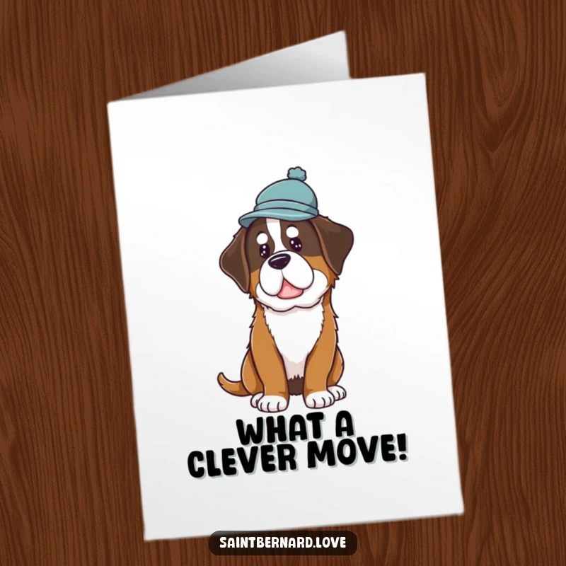 Funny Free Printable Congratulations Card: Saint Bernard dog sporting a tiny hat, head tilted in curious contemplation.