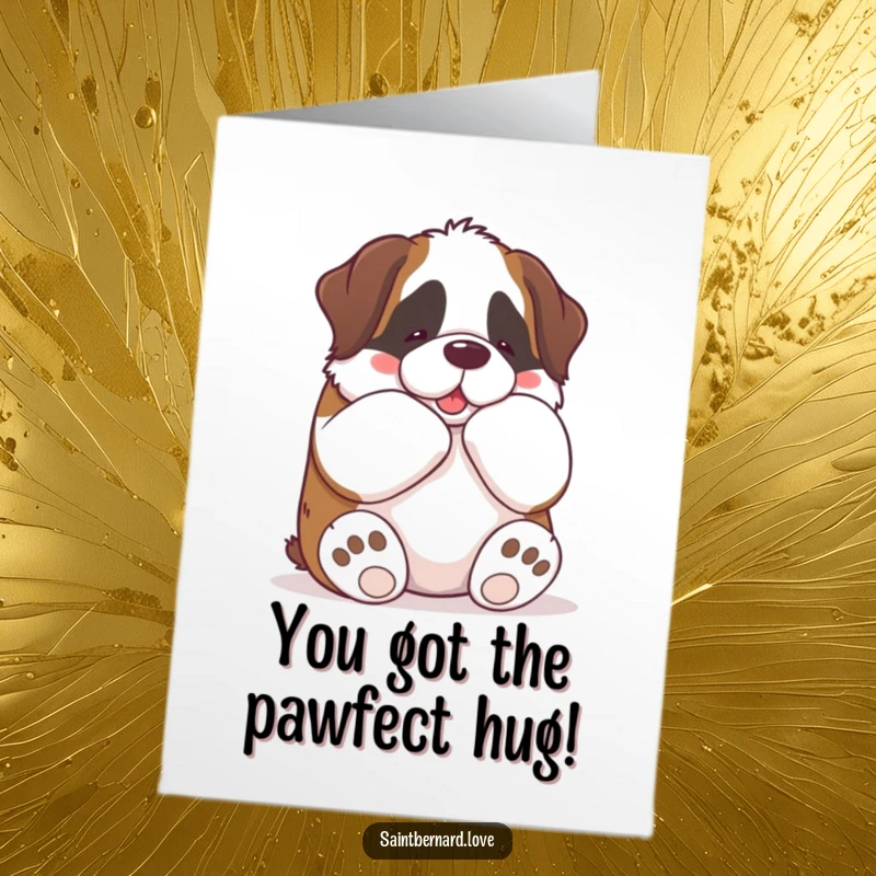 Funny Free Printable congratulations card: A kawaii Saint Bernard offers a huge, comforting bear hug with its paws, conveying heartfelt congratulations.