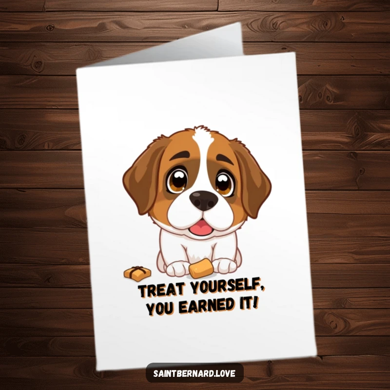 Funny Free Printable Congratulations Card: A Saint Bernard dog with large, hopeful eyes looking up longingly at a fallen treat.