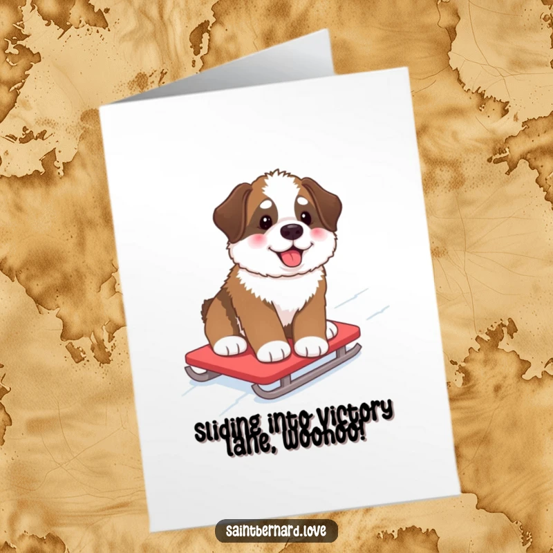 Funny Free Printable Congratulations Card: A fluffy Saint Bernard pup with rosy cheeks gleefully slides on a sled.