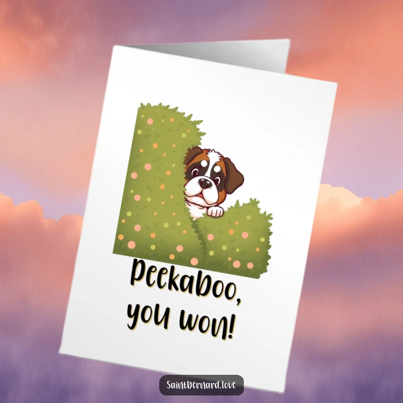 Funny Free Printable Congratulations Card: Mischievous Saint Bernard peeks from behind a large bush, ready to congratulate.