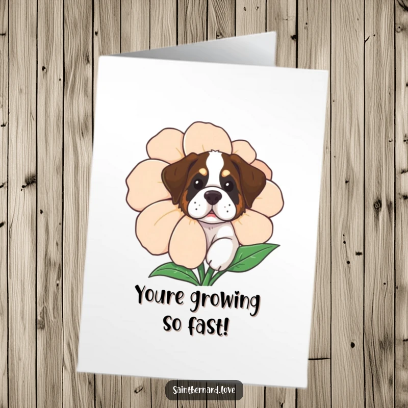 Funny Free Printable Congratulations Card: A curious Saint Bernard dog peeks out from behind a large, vibrant flower.