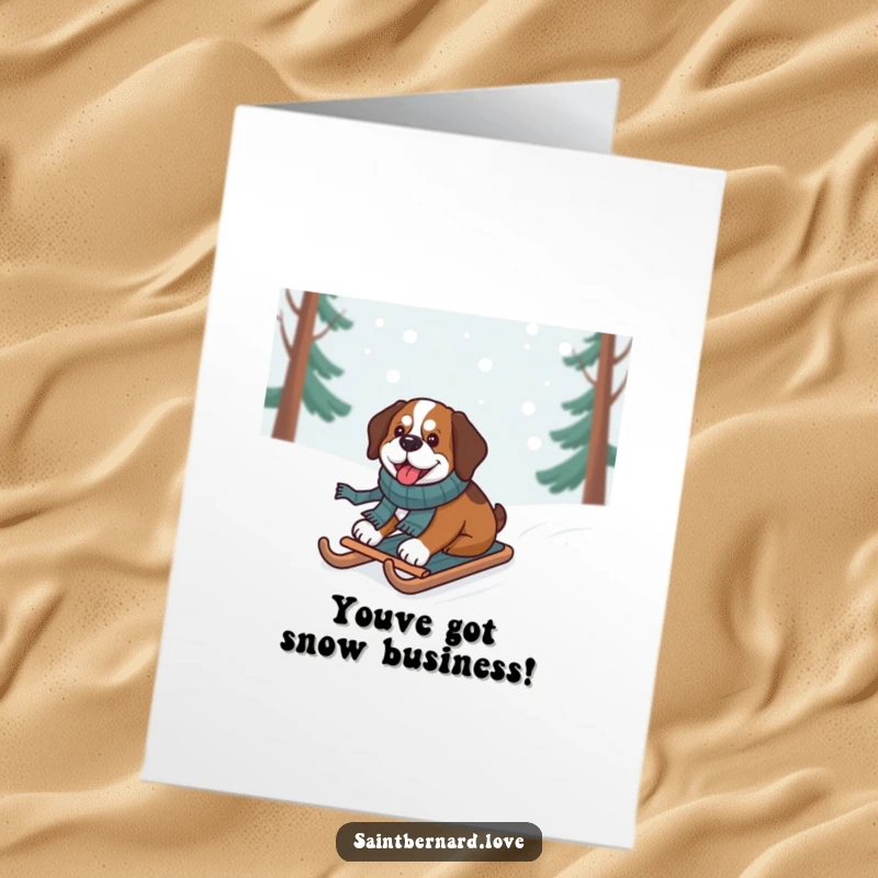 Funny Free Printable Congratulations Card: A happy Saint Bernard dog wearing a scarf zooms down a snowy hill on a sled.