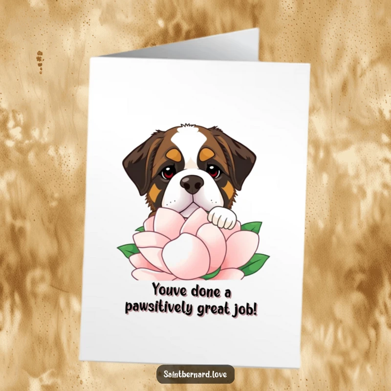Funny Free Printable Congratulations Card with a Saint Bernard dog peeking over a massive flower, conveying excited celebration.