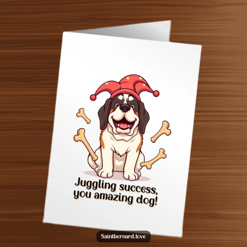 Funny Free Printable Congrats Card: Saint Bernard in jester hat juggling bones, a joyous and comical celebratory downloadable.