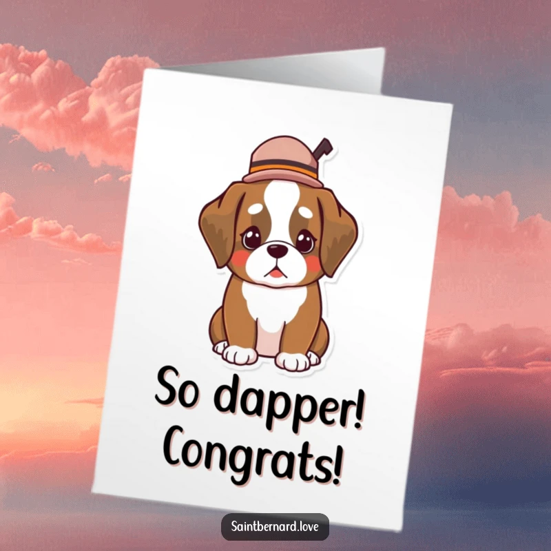 Funny Free Printable Congrats Card: A kawaii Saint Bernard wears a tiny hat tipped jauntily for your celebration.