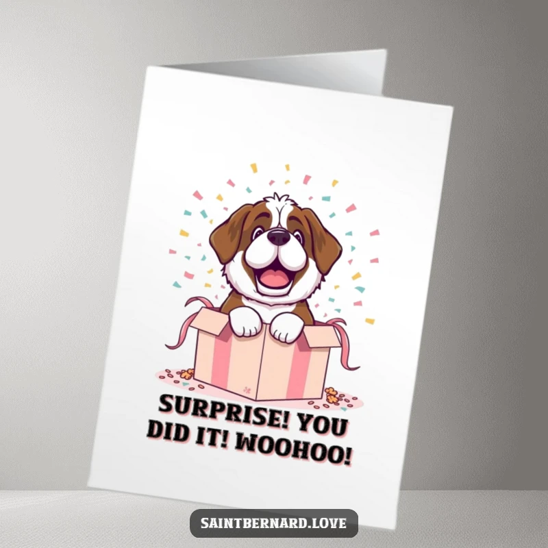 Funny Free Printable Congratulations Card: Saint Bernard bursting dramatically from a gift box amidst confetti.