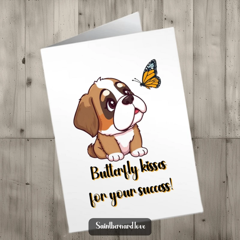 Funny Free Printable Congrats Card: Saint Bernard with floppy ear observes a butterfly with mild curiosity, a peaceful downloadable.