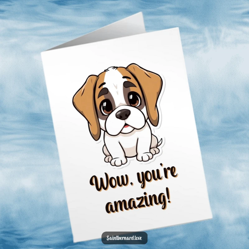 Funny Free Printable Congratulations Card: Kawaii Saint Bernard with perked ears, expressing keen interest and excitement.