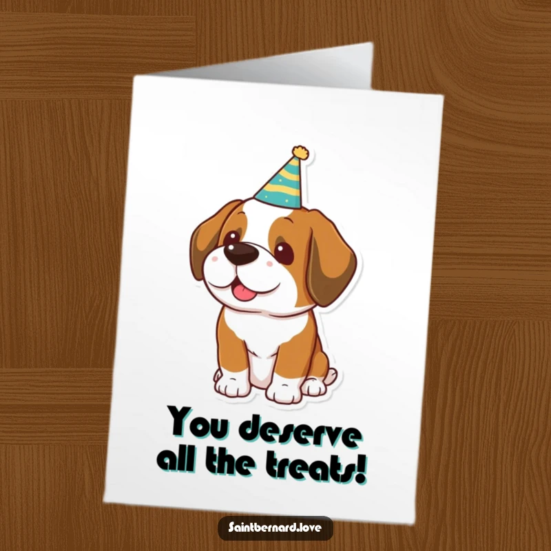 Funny Free Printable Congrats Card: A kawaii Saint Bernard wears a party hat, celebrating your success with cheer.