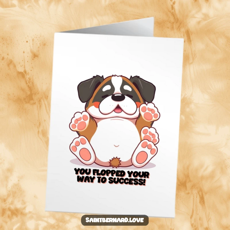 Funny Free Printable Congratulations Card: Cute Kawaii Saint Bernard rolling with excitement, paws in the air, celebrating success.