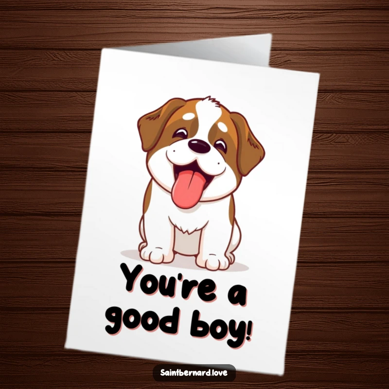 Funny Free Printable Congratulations Card showing a happy kawaii Saint Bernard panting with its tongue out, sharing in the joy.