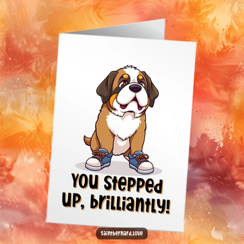 Funny Free Printable Congratulations Card: A Saint Bernard wears a comical look while trying to squeeze into tiny shoes, celebrating your big win.
